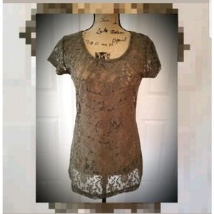Sheer sexy tunic top floral olive green sz 12 Med